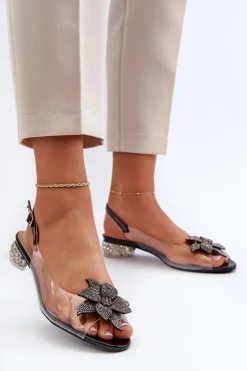 Damskie Damskie buty S.Barski Sandały Transparentne Na Niskim Obcasie Z Ozdobą Czarne D&A MR38-383