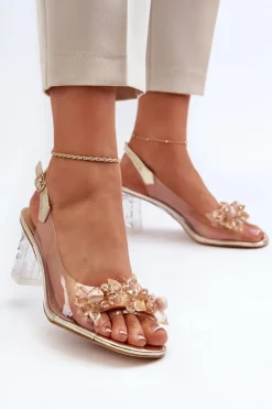 New Damskie buty S.Barski Sandały Transparentne Na Słupku Z Ozdobami Złote D&A MR38-D1