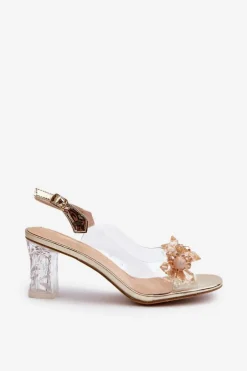 New Damskie buty S.Barski Sandały Transparentne Na Słupku Z Ozdobami Złote D&A MR38-D1