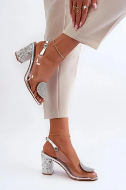 Damskie Damskie buty S.Barski Sandały Transparentne Na Słupku Srebrne D&A MR38-812
