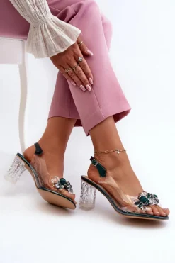 Damskie Damskie buty S.Barski Sandały Transparentne Na Słupku Z Ozdobami Zielone D&A MR38-D1