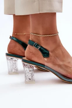 Damskie buty S.Barski Sandały Na Obcasie*Sandały Transparentne Na Słupku Z Ozdobami Zielone D&A MR38-D1