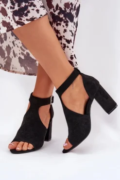 Damskie Boto Sandały Z Ażurowym Wzorem Na Słupku Eko Zamszowe Czarne Helori