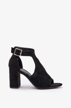 Damskie Boto Sandały Z Ażurowym Wzorem Na Słupku Eko Zamszowe Czarne Helori