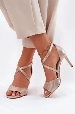 Damskie Buty Sergio Leone Sandały Z Przeplatającymi Się Paskami Na Szpilce Sergio Leone SK432 Złote Satynowe