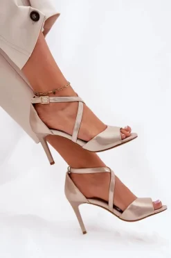 Damskie Buty Sergio Leone Sandały Z Przeplatającymi Się Paskami Na Szpilce Sergio Leone SK432 Złote Satynowe