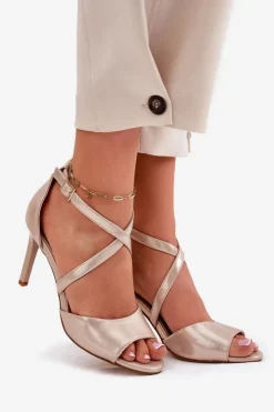 Damskie Buty Sergio Leone Sandały Z Przeplatającymi Się Paskami Na Szpilce Sergio Leone SK432 Złote Satynowe