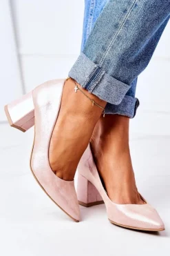Damskie Boto Satynowe Czółenka Lewski Shoes 2801 Różowe