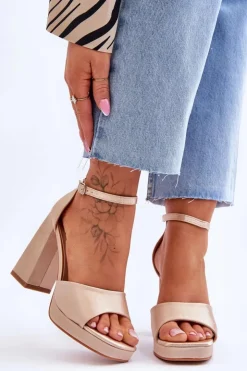 Damskie Boto Satynowe Sandałki Na Masywnym Obcasie Beżowe Eternity