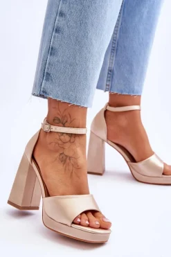 Damskie Boto Satynowe Sandałki Na Masywnym Obcasie Beżowe Eternity