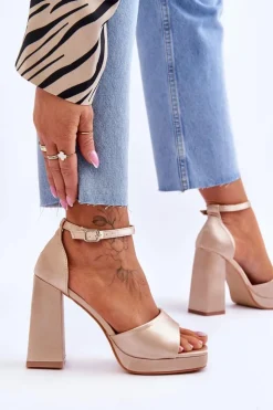 Damskie Boto Satynowe Sandałki Na Masywnym Obcasie Beżowe Eternity