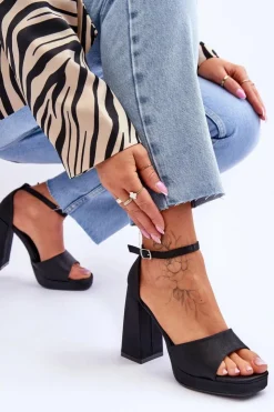 Damskie Boto Satynowe Sandałki Na Masywnym Obcasie Czarne Eternity