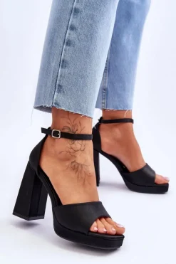 Damskie Boto Satynowe Sandałki Na Masywnym Obcasie Czarne Eternity