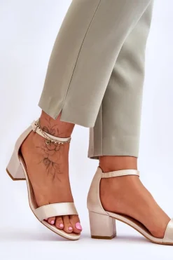 Damskie Boto Satynowe Sandały Na Niskim Obcasie Beżowe Juliet