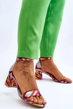 Boto Sandały Na Obcasie*Satynowe Sandały Na Niskim Obcasie We Wzory Beżowo-Niebieskie Quincy