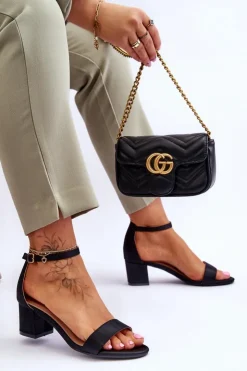 Damskie Boto Satynowe Sandały Na Niskim Obcasie Czarne Juliet