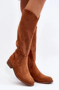 Damskie buty S.Barski Kozaki Wiosenne|Kozaki Ażurowe*S.Barski HY66-150 Ażurowe Kozaki Na Płaskim Obcasie Camel