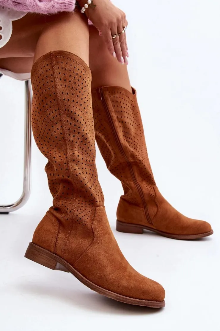 Damskie buty S.Barski Kozaki Wiosenne|Kozaki Ażurowe*S.Barski HY66-150 Ażurowe Kozaki Na Płaskim Obcasie Camel