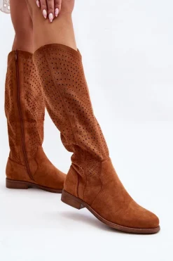 Damskie buty S.Barski Kozaki Wiosenne|Kozaki Ażurowe*S.Barski HY66-150 Ażurowe Kozaki Na Płaskim Obcasie Camel