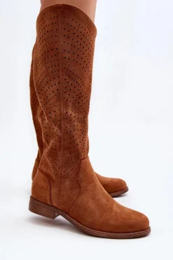 Damskie buty S.Barski Kozaki Wiosenne|Kozaki Ażurowe*S.Barski HY66-150 Ażurowe Kozaki Na Płaskim Obcasie Camel