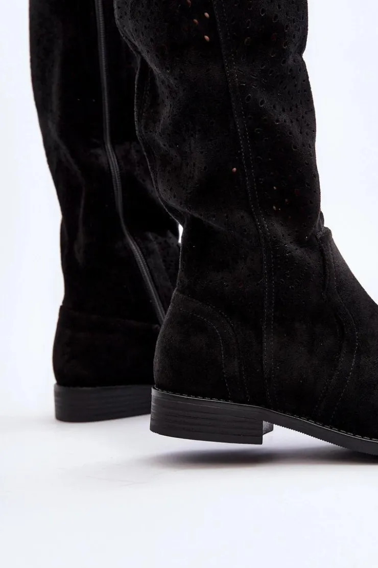 Damskie Damskie buty S.Barski S.Barski HY66-150 Ażurowe Kozaki Na Płaskim Obcasie Czarne