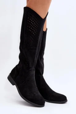 Damskie Damskie buty S.Barski S.Barski HY66-150 Ażurowe Kozaki Na Płaskim Obcasie Czarne