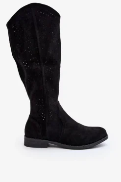 Damskie Damskie buty S.Barski S.Barski HY66-150 Ażurowe Kozaki Na Płaskim Obcasie Czarne