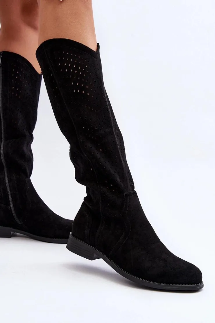 Damskie Damskie buty S.Barski S.Barski HY66-150 Ażurowe Kozaki Na Płaskim Obcasie Czarne