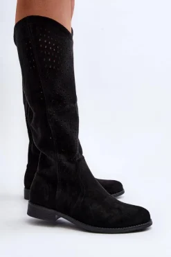 Damskie Damskie buty S.Barski S.Barski HY66-150 Ażurowe Kozaki Na Płaskim Obcasie Czarne