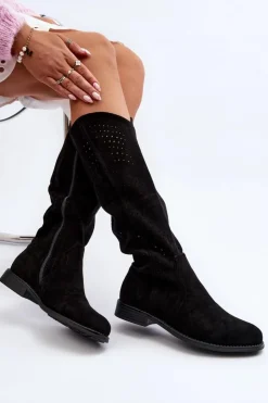 Damskie Damskie buty S.Barski S.Barski HY66-150 Ażurowe Kozaki Na Płaskim Obcasie Czarne