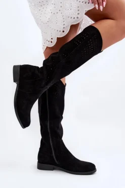 Damskie Damskie buty S.Barski S.Barski HY66-150 Ażurowe Kozaki Na Płaskim Obcasie Czarne