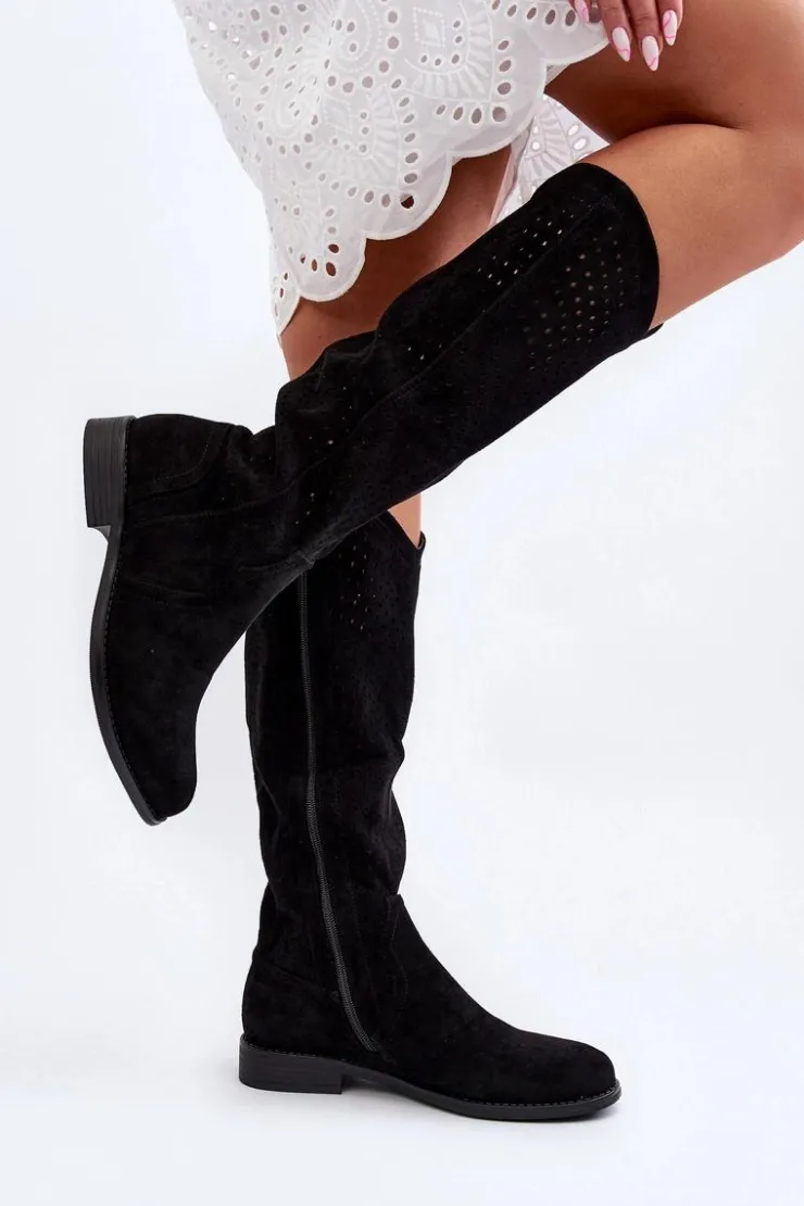 Damskie Damskie buty S.Barski S.Barski HY66-150 Ażurowe Kozaki Na Płaskim Obcasie Czarne