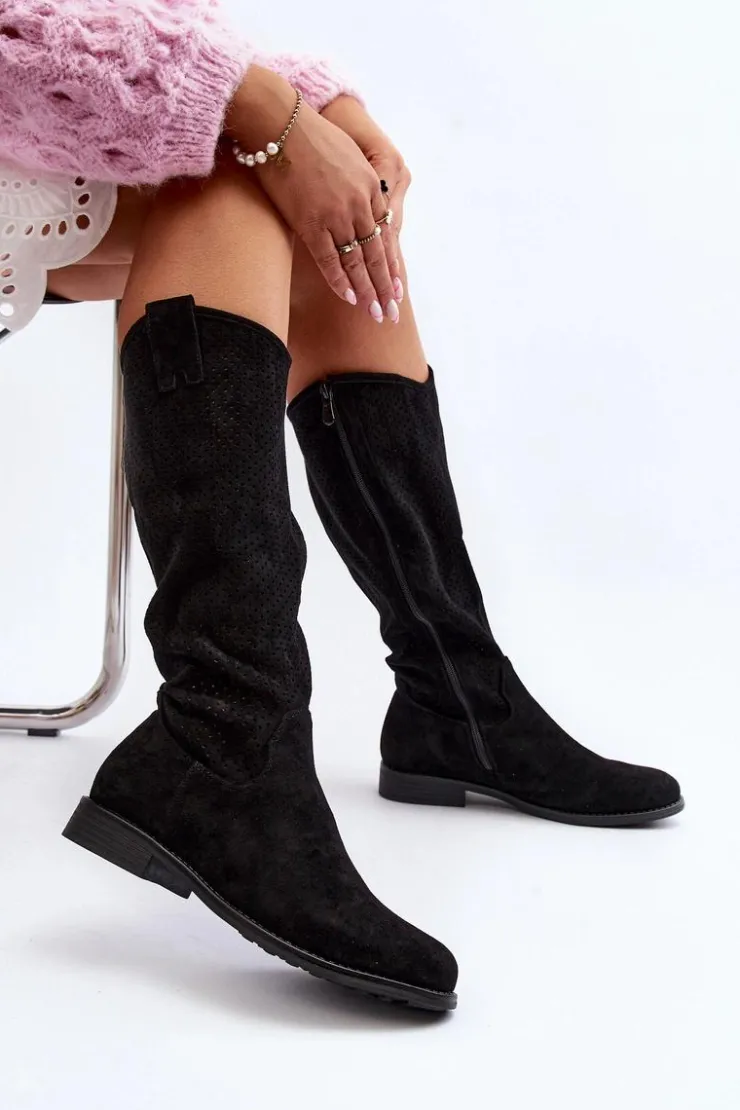 Damskie Damskie buty S.Barski S.Barski HY66-139 Ażurowe Kozaki Damskie Czarne