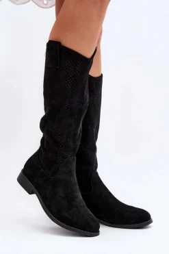 Damskie Damskie buty S.Barski S.Barski HY66-139 Ażurowe Kozaki Damskie Czarne