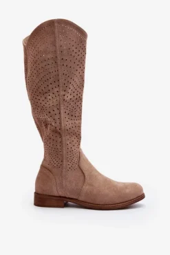 Outlet Damskie buty S.Barski S.Barski HY66-150 Ażurowe Kozaki Na Płaskim Obcasie Beżowe