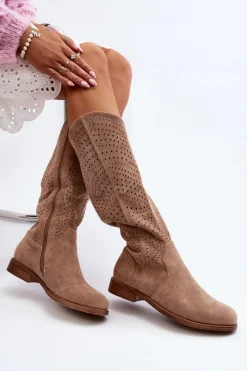 Outlet Damskie buty S.Barski S.Barski HY66-150 Ażurowe Kozaki Na Płaskim Obcasie Beżowe