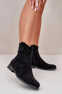 Sale Damskie buty S.Barski S.Barski HY66-135 Damskie Ażurowe Botki Na Płaskim Obcasie Czarne