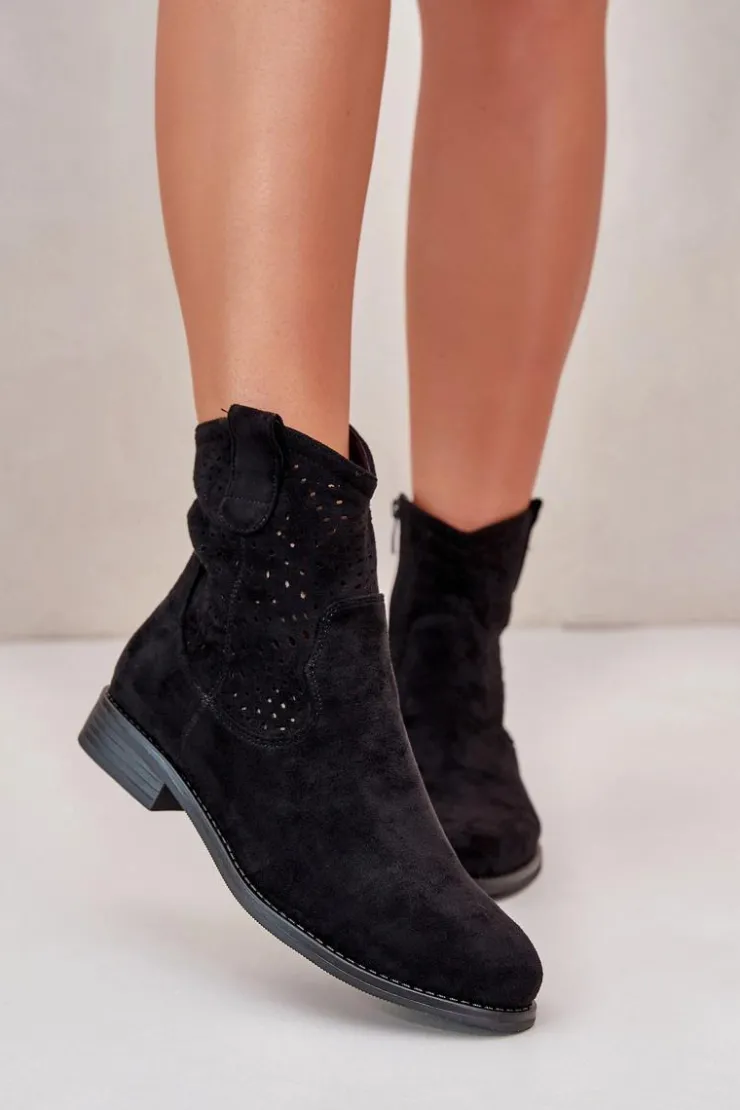 Sale Damskie buty S.Barski S.Barski HY66-135 Damskie Ażurowe Botki Na Płaskim Obcasie Czarne