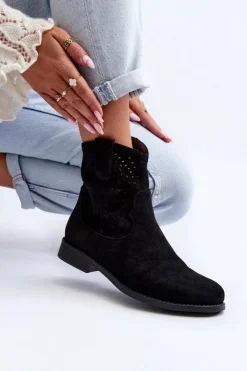 Sale Damskie buty S.Barski S.Barski HY66-135 Damskie Ażurowe Botki Na Płaskim Obcasie Czarne