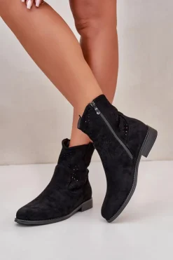 Sale Damskie buty S.Barski S.Barski HY66-135 Damskie Ażurowe Botki Na Płaskim Obcasie Czarne