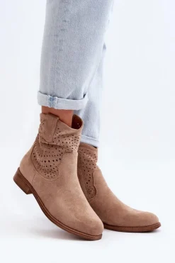 Damskie Damskie buty S.Barski S.Barski HY66-135 Damskie Ażurowe Botki Na Płaskim Obcasie Beżowe