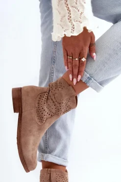 Damskie Damskie buty S.Barski S.Barski HY66-135 Damskie Ażurowe Botki Na Płaskim Obcasie Beżowe