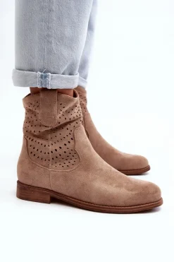 Damskie Damskie buty S.Barski S.Barski HY66-135 Damskie Ażurowe Botki Na Płaskim Obcasie Beżowe