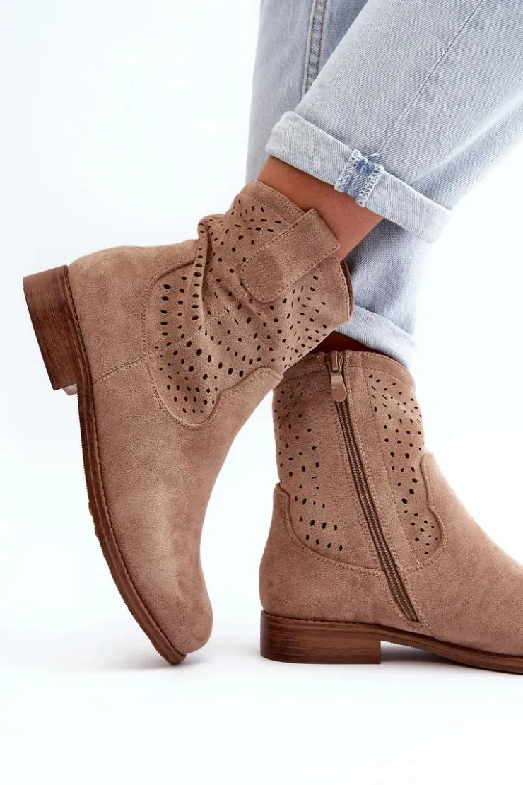 Damskie Damskie buty S.Barski S.Barski HY66-135 Damskie Ażurowe Botki Na Płaskim Obcasie Beżowe