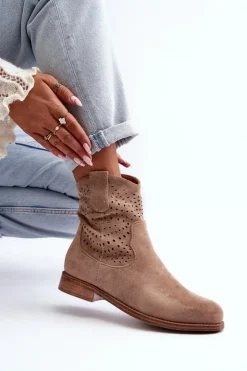 Damskie Damskie buty S.Barski S.Barski HY66-135 Damskie Ażurowe Botki Na Płaskim Obcasie Beżowe