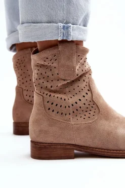 Damskie Damskie buty S.Barski S.Barski HY66-135 Damskie Ażurowe Botki Na Płaskim Obcasie Beżowe