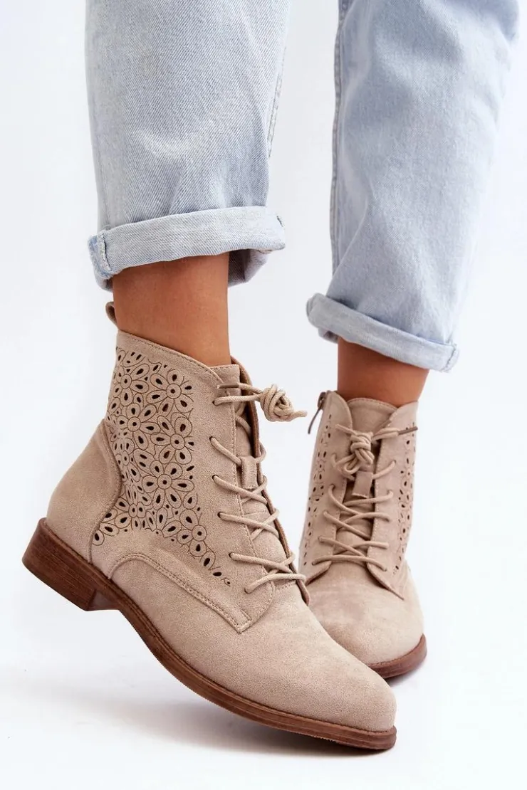 Damskie buty S.Barski Botki Wiosenne|Botki Ażurowe*S.Barski HY66-136 Damskie Botki Ze Wzorem Jasnobeżowe