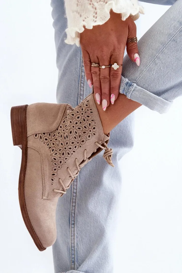 Damskie buty S.Barski Botki Wiosenne|Botki Ażurowe*S.Barski HY66-136 Damskie Botki Ze Wzorem Jasnobeżowe