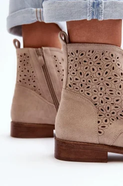 Damskie buty S.Barski Botki Wiosenne|Botki Ażurowe*S.Barski HY66-136 Damskie Botki Ze Wzorem Jasnobeżowe