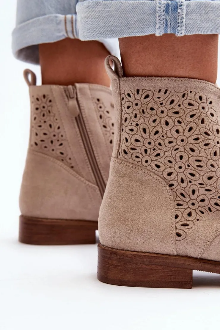 Damskie buty S.Barski Botki Wiosenne|Botki Ażurowe*S.Barski HY66-136 Damskie Botki Ze Wzorem Jasnobeżowe